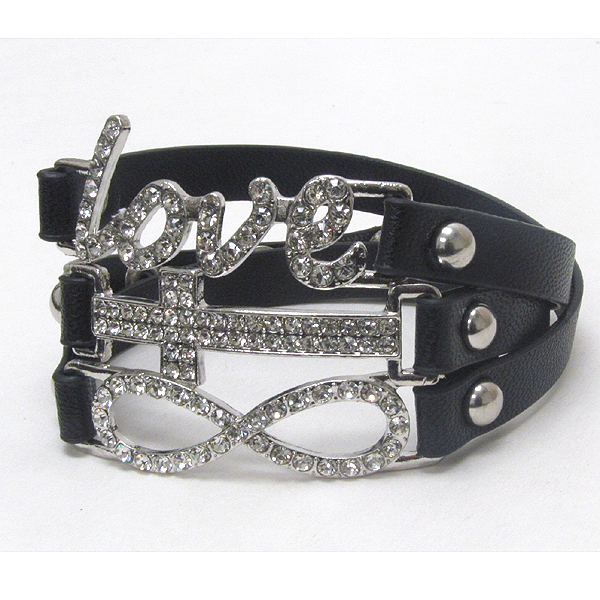 Crystal deco cross love and infinity leatherette wrap bracelet