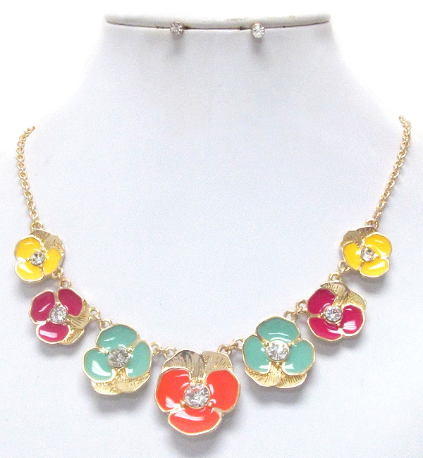 Crystal center and epoxy deco multi flower link necklace earring set