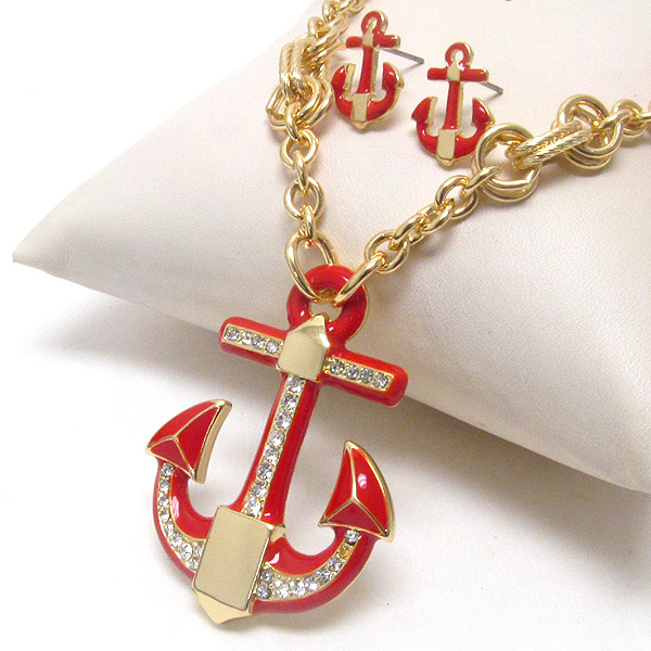 Crystal and epoxy deco anchor pendant necklace earring set - sealife