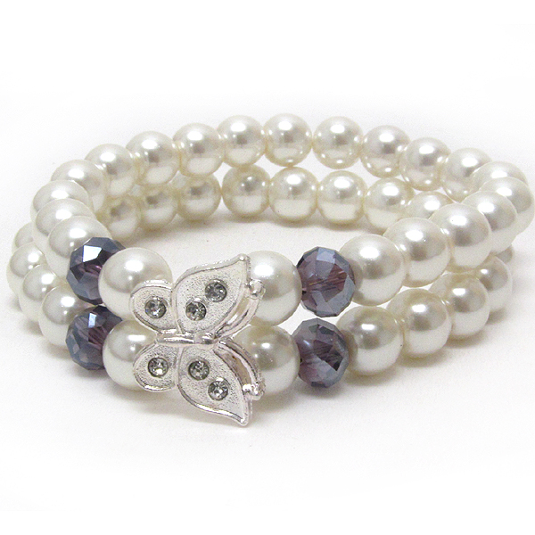 Crystal butterfly and double pearl stretch bracelet