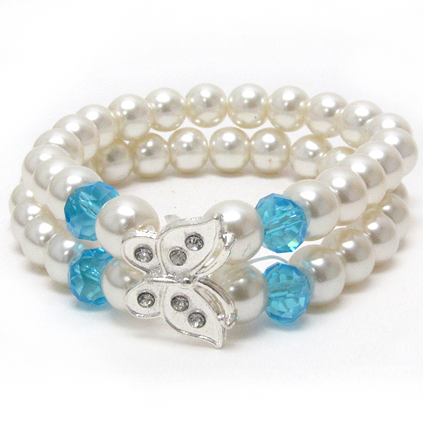 Crystal butterfly and double pearl stretch bracelet