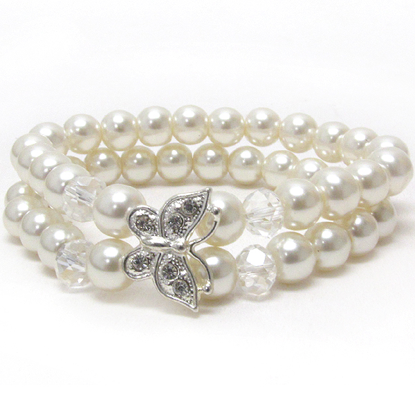 Crystal butterfly and double pearl stretch bracelet