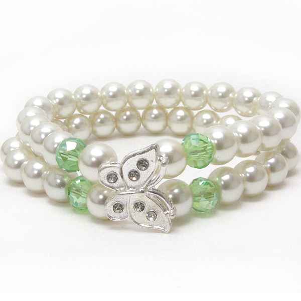 Crystal butterfly and double pearl stretch bracelet