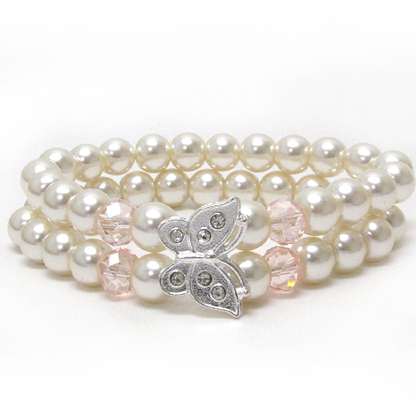 Crystal butterfly and double pearl stretch bracelet