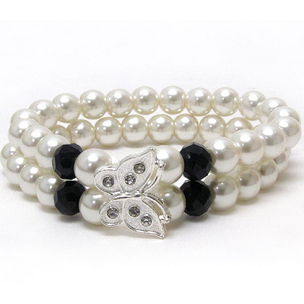 Crystal butterfly and double pearl stretch bracelet