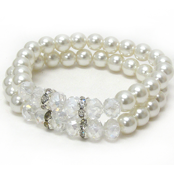 Crystal and facet glass deco pearl stretch bracelet set of 2