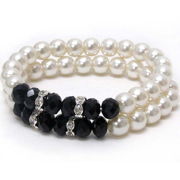 Crystal and facet glass deco pearl stretch bracelet set of 2