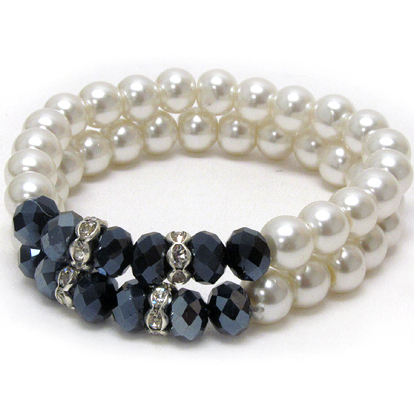 Crystal and facet glass deco pearl stretch bracelet set of 2