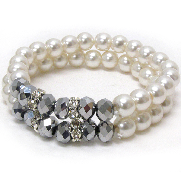 Crystal and facet glass deco pearl stretch bracelet set of 2