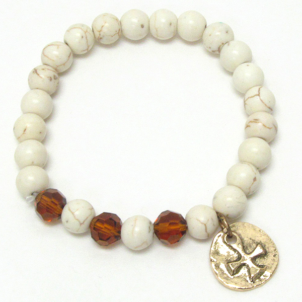 Cross charm and stone bead stretch bracelet