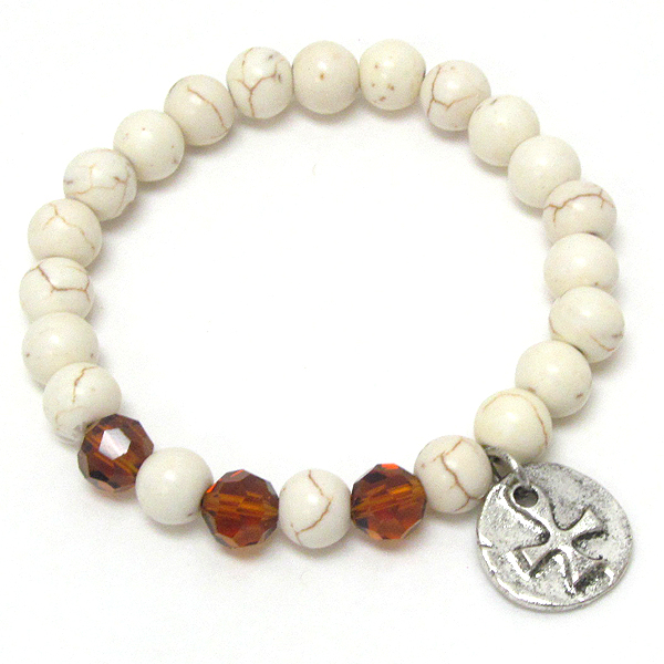 Cross charm and stone bead stretch bracelet