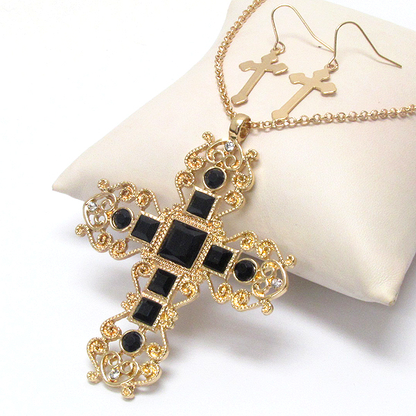 Crystal and metal filigree cross necklace earring set