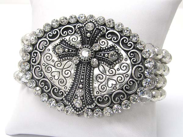 Crystal stud metal filigree cross top stretch bracelet