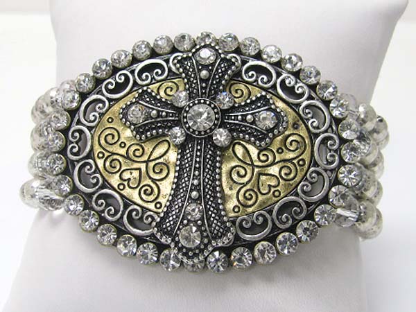 Crystal stud metal filigree cross top stretch bracelet