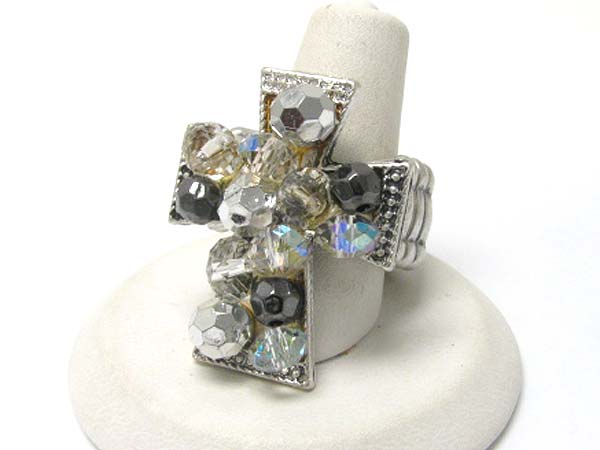 Crystal and facet glass beads cross stretch ring