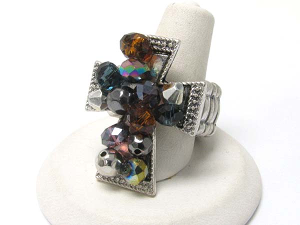 Crystal and facet glass beads cross stretch ring