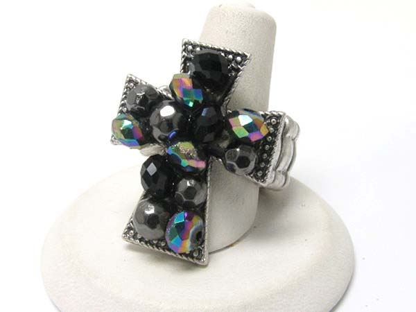 Crystal and facet glass beads cross stretch ring