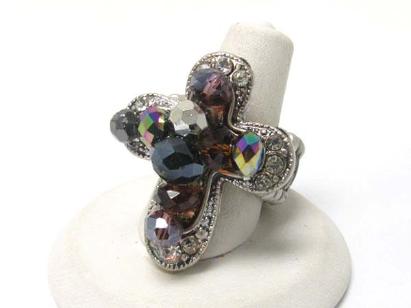 Crystal and facet glass beads cross stretch ring