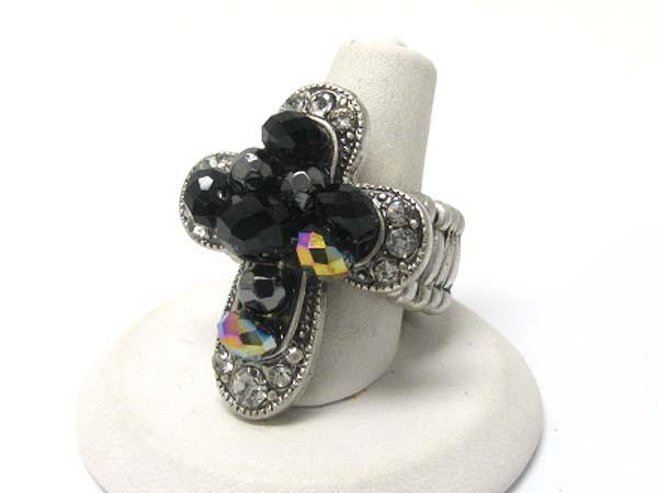 Crystal and facet glass beads cross stretch ring