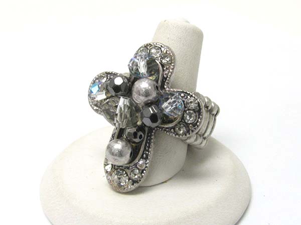 Crystal and facet glass beads cross stretch ring