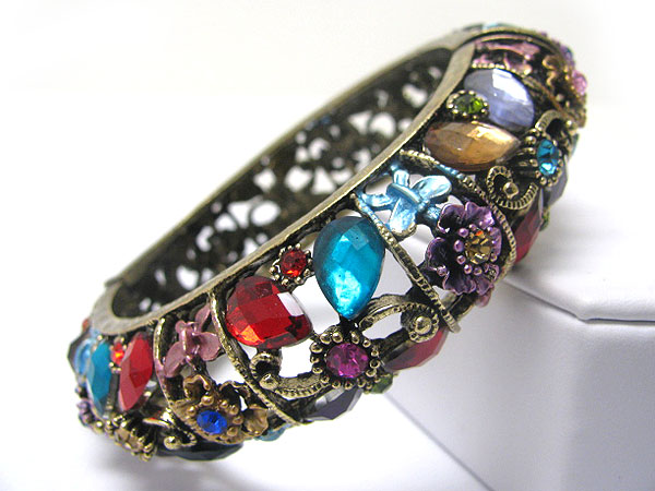 Crystal and glass flower deco hinge bangle