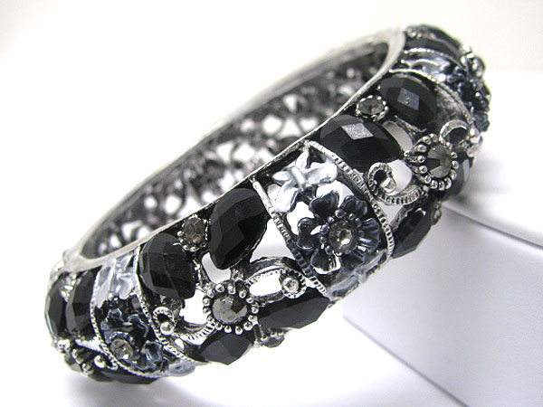 Crystal and glass flower deco hinge bangle