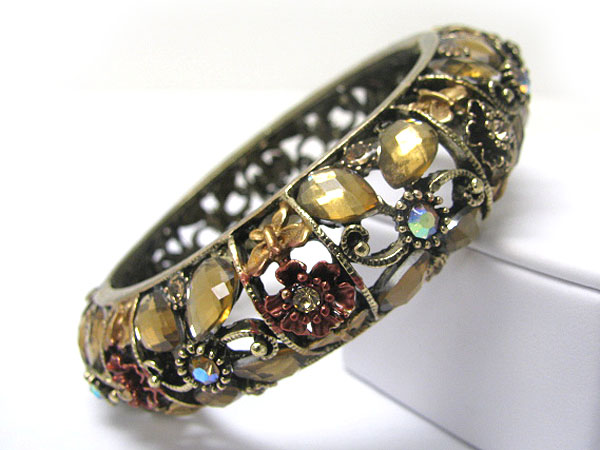 Crystal and glass flower deco hinge bangle