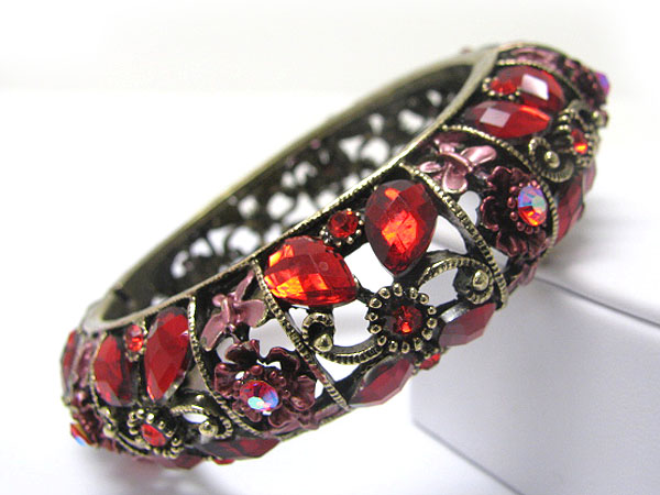 Crystal and glass flower deco hinge bangle