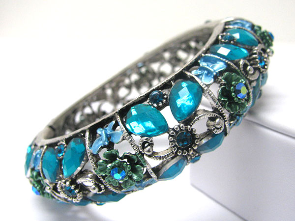 Crystal and glass flower deco hinge bangle