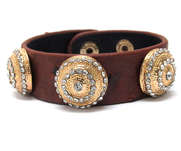 Three ctystal round textured metal with ostrich leatherette button bracelet