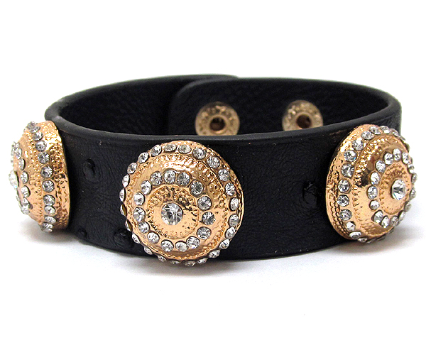 Three ctystal round textured metal with ostrich leatherette button bracelet