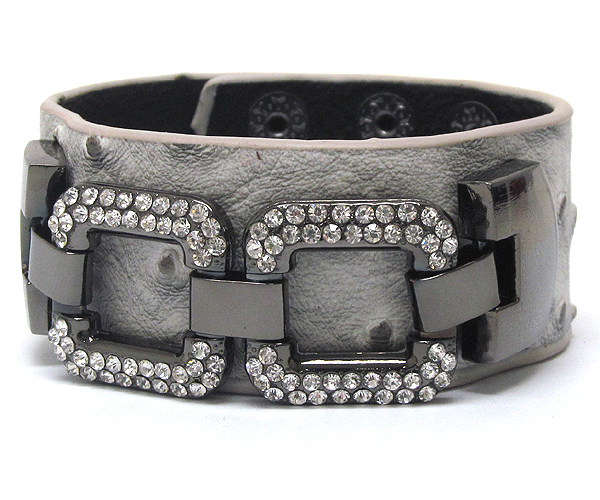 Crystal metal rectangle buckle textured metal with ostrich leatherette button bracelet