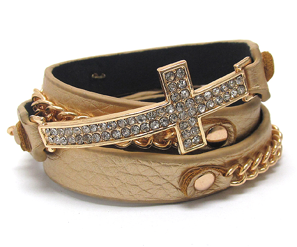 Crystal metal cross with leather band and metal chain on button bracelet