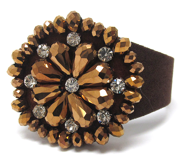 Multi crystal and crystal glass beads round flower leather band button bracelet