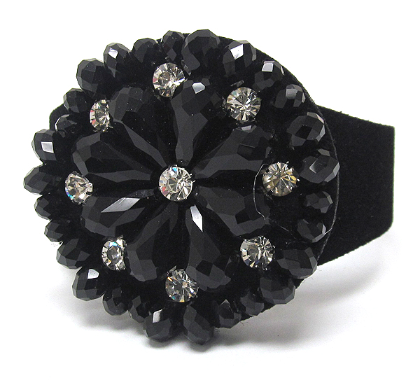 Multi crystal and crystal glass beads round flower leather band button bracelet