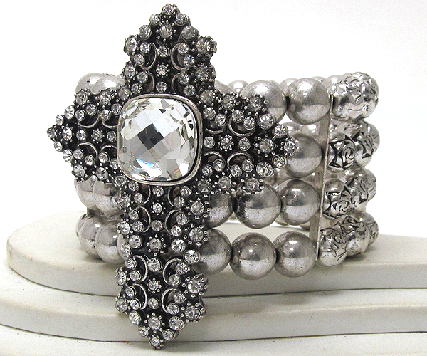 One square crystal glass with multi crystal stud textured cross multi row metal ball stretch bracelet