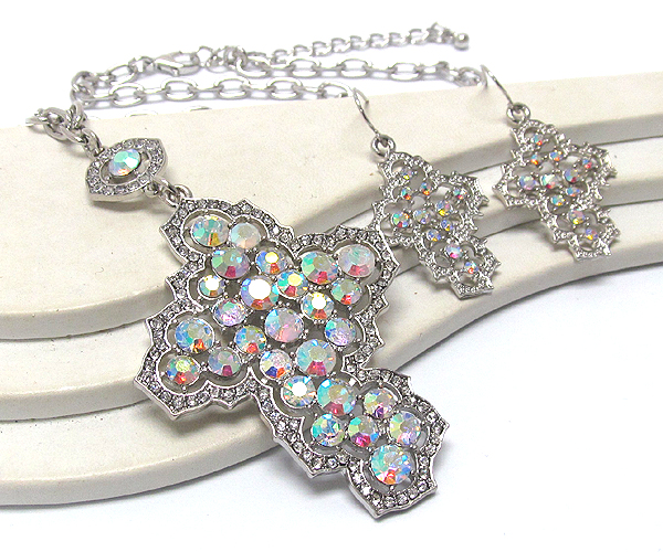 Crystal stud large cross pendant long necklace earring set