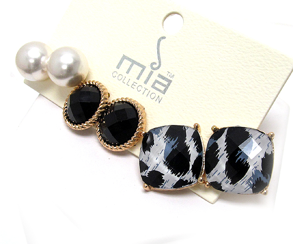 Pearl metal round glass anmal print 3 pair earring set