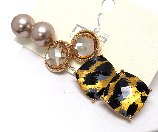 Pearl metal round glass anmal print 3 pair earring set