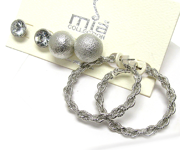 Sandy ball crystal and twist metal hoop 3 pair earring set - hoops