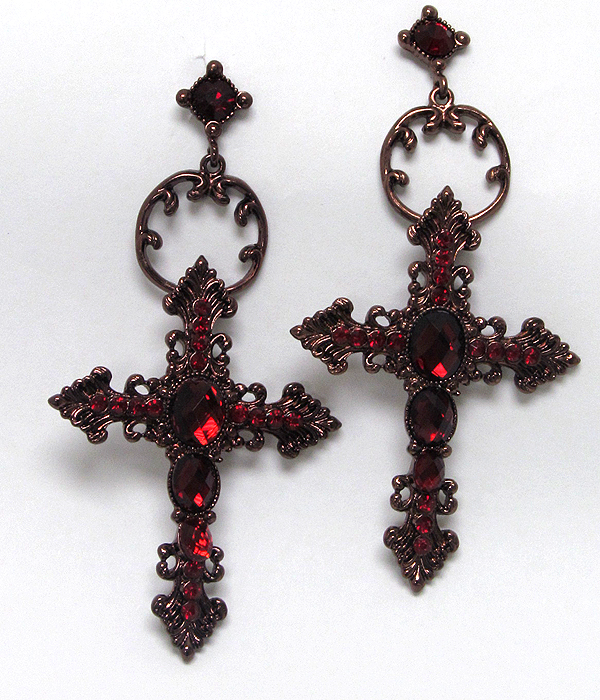 Crystal glass textured cross drop earring