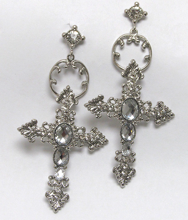 Crystal glass textured cross drop earring