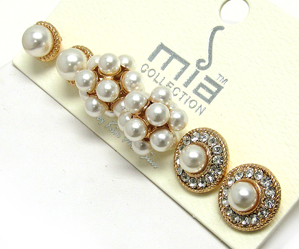 Pearl metal round crystal 3 pair earring set