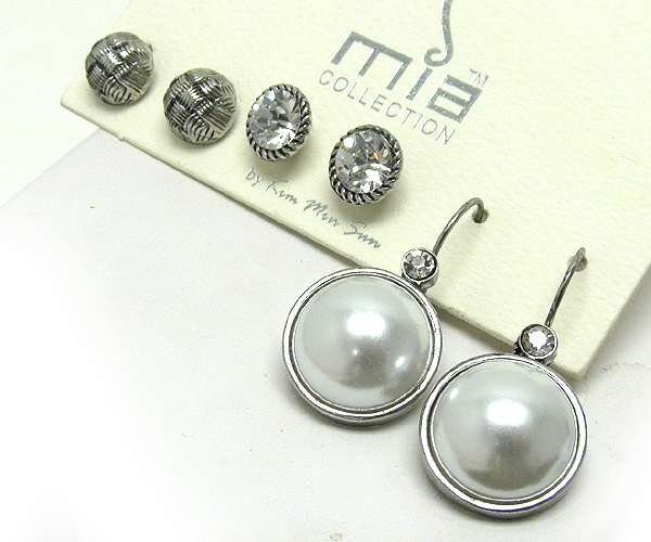 Textured round metal crystal and pearl 3 pair earring set