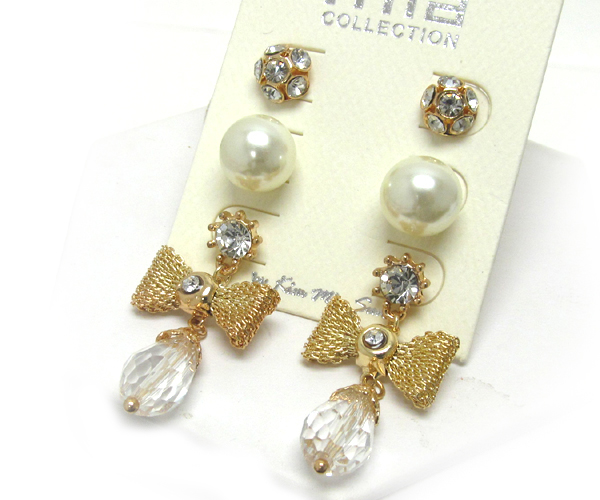 Round crystal pearl crystal bow and tear drop glass 3 pair earring set