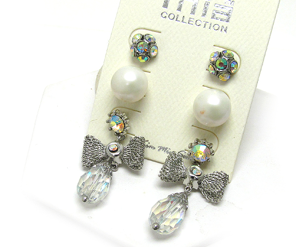 Round crystal pearl crystal bow and tear drop glass 3 pair earring set