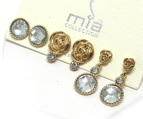 Round glass crystal flower metal 3 pair earring set