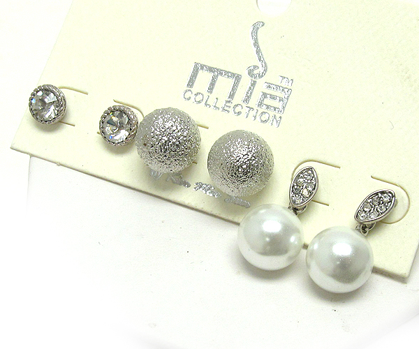 Sandy ball crystal pearl 3 pair earring set