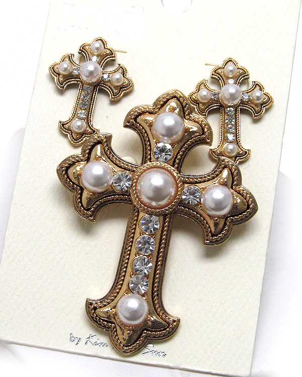 Crystal pearl textured cross pendant and earrings- pendant can be used as a brooch