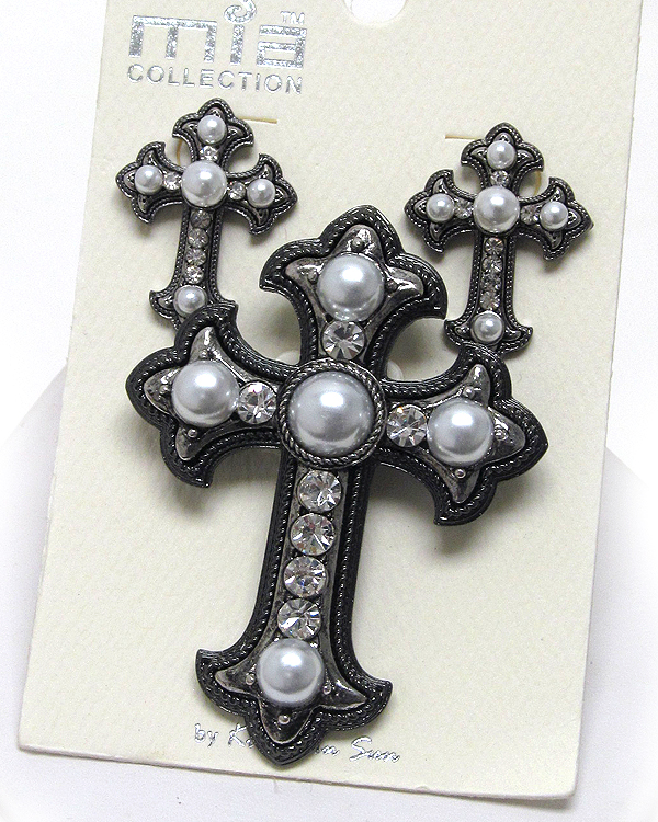 Crystal pearl textured cross pendant and earrings- pendant can be used as a brooch